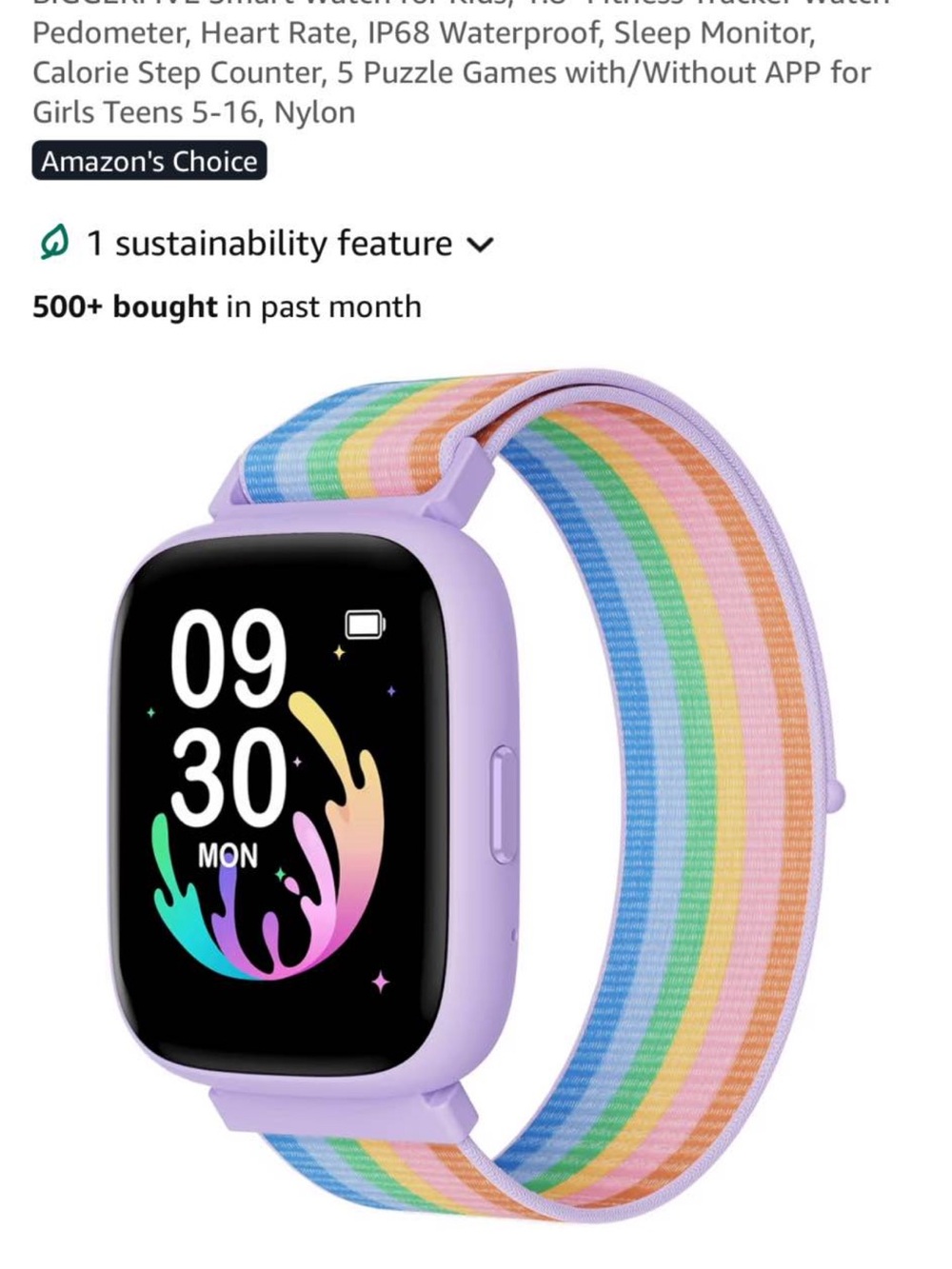 Kids Purple Smartwatch with Rainbow Nylon Band